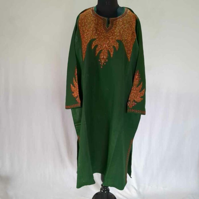 Green Chinari Pure Wool Kashmiri Sozni Handwork Designer Pheran - Image 5