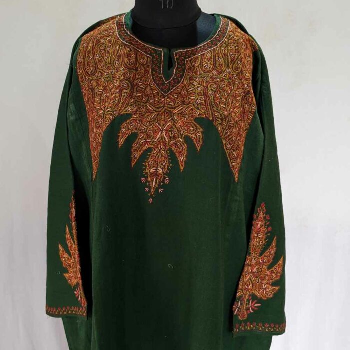 Green Chinari Pure Wool Kashmiri Sozni Handwork Designer Pheran