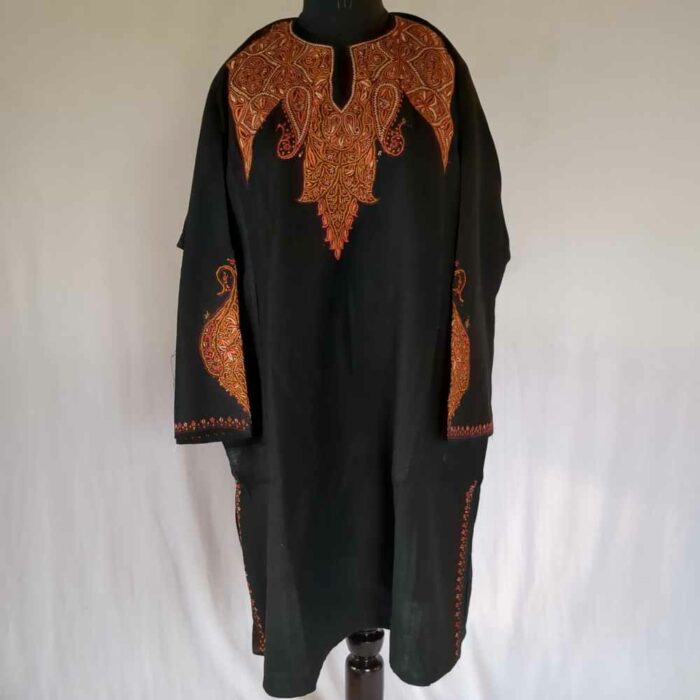 Black Jhelum Pure Wool Kashmiri Sozni Handwork Designer Pheran - Image 4