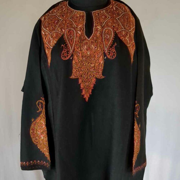 Black Jhelum Pure Wool Kashmiri Sozni Handwork Designer Pheran