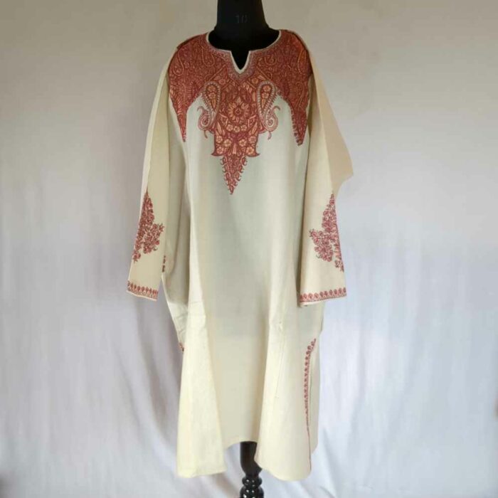 Cream Jhelum Pure Wool Kashmiri Sozni Handwork Designer Pheran - Image 2