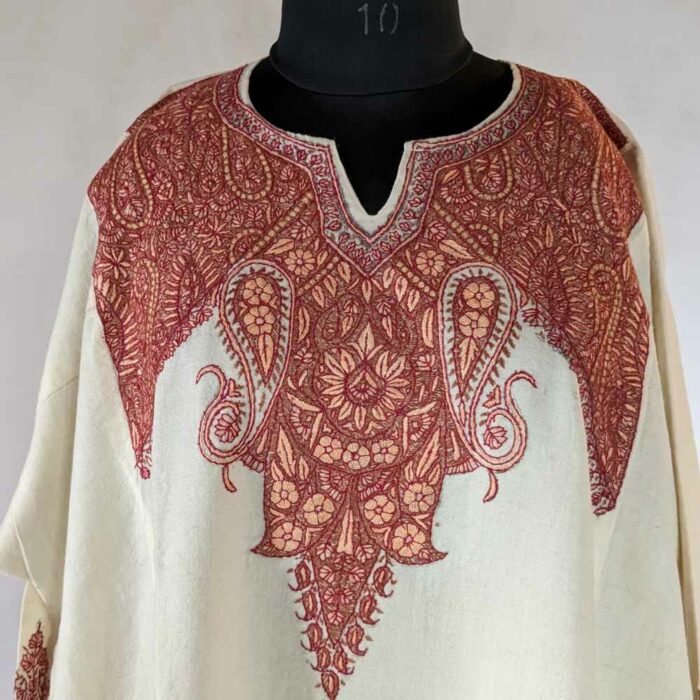 Cream Jhelum Pure Wool Kashmiri Sozni Handwork Designer Pheran - Image 4