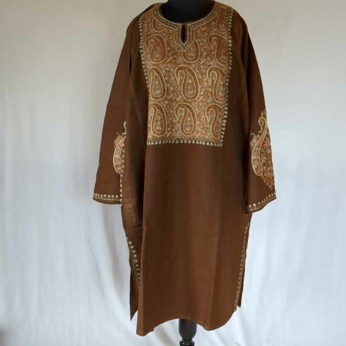 Brown Badami Pure Wool Kashmiri Sozni Handwork Designer Pheran - Image 3