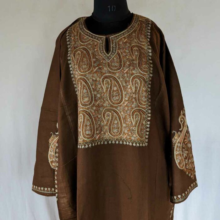 Brown Badami Pure Wool Kashmiri Sozni Handwork Designer Pheran