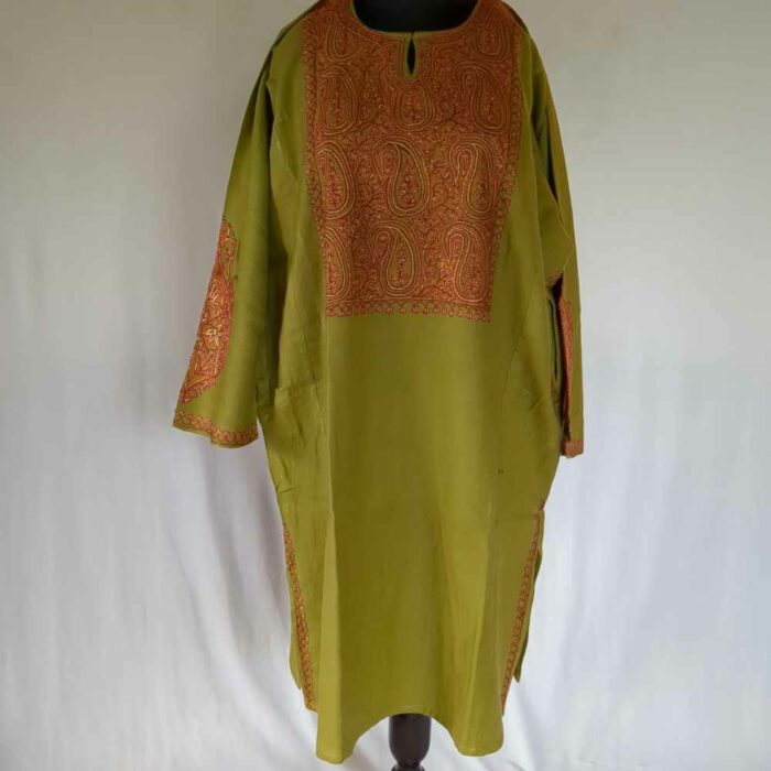 Green Badaami Pure Wool Kashmiri Sozni Handwork Designer Pheran - Image 2