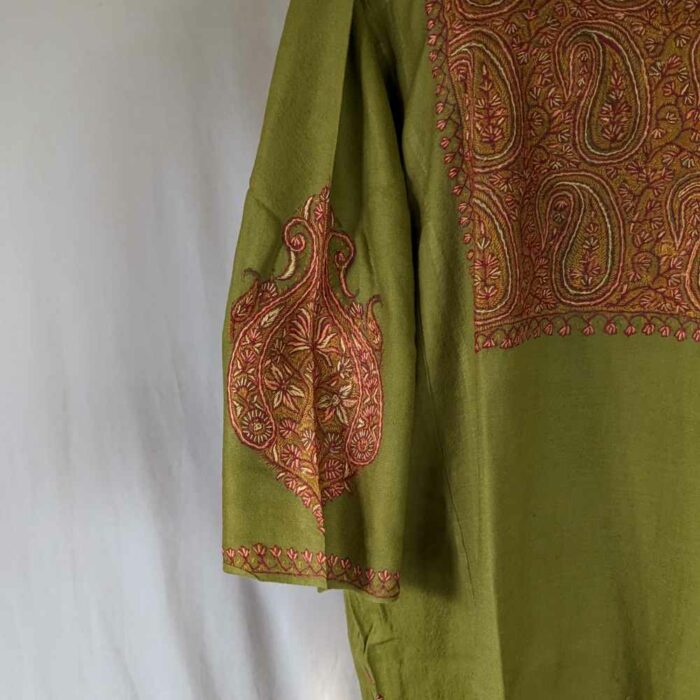 Green Badaami Pure Wool Kashmiri Sozni Handwork Designer Pheran - Image 4