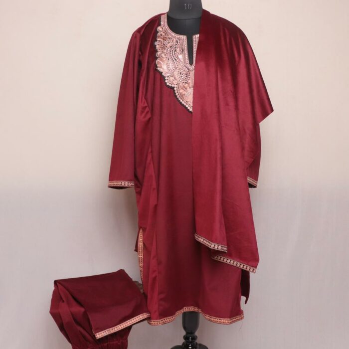 Maroon Velvet 3pc Phiran Co-ord Set with Tilla