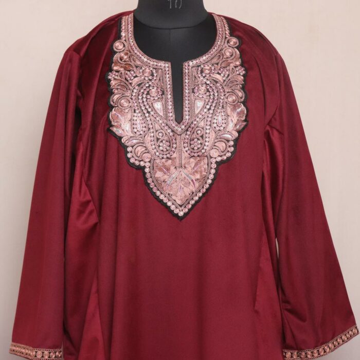 Maroon Velvet 3pc Phiran Co-ord Set with Tilla - Image 2