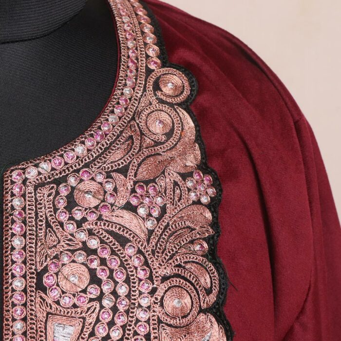Maroon Velvet 3pc Phiran Co-ord Set with Tilla - Image 3