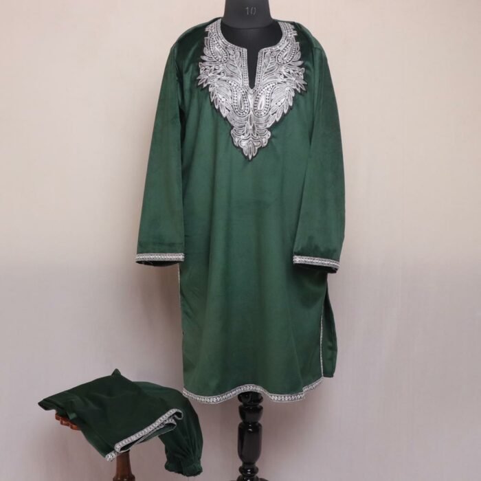 Green Miri Velvet 2pc Phiran Co-ord Set with Tilla