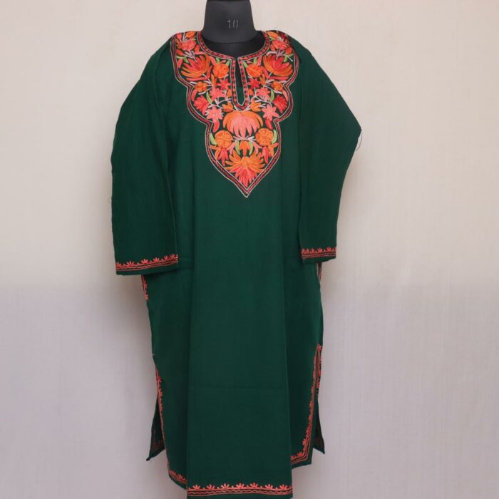 Dark Green Kashmiri Pheran with Aari Embroidery - Image 3