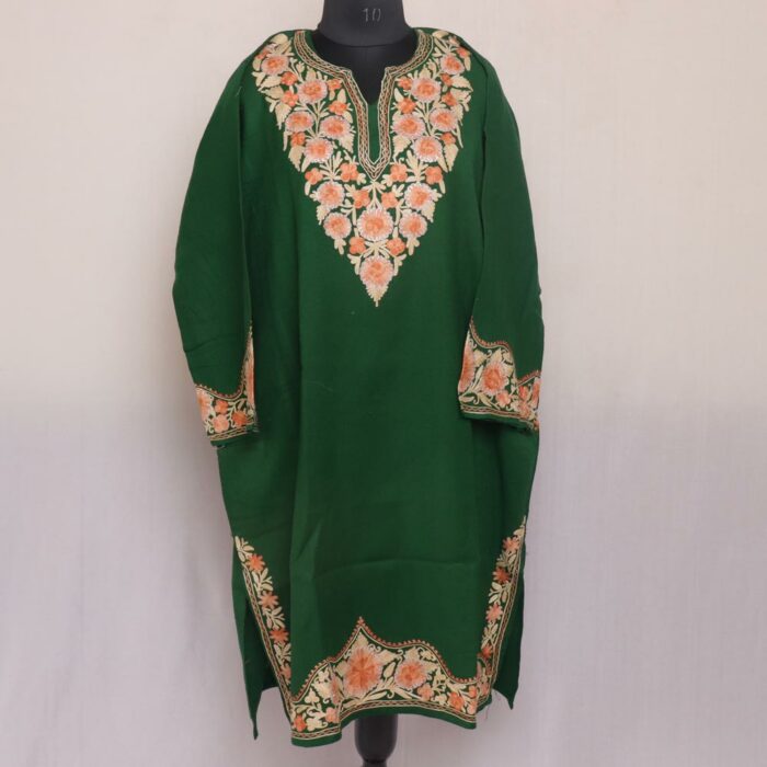Dark Green Kashmiri Pure Wool Pheran Aari Zari work