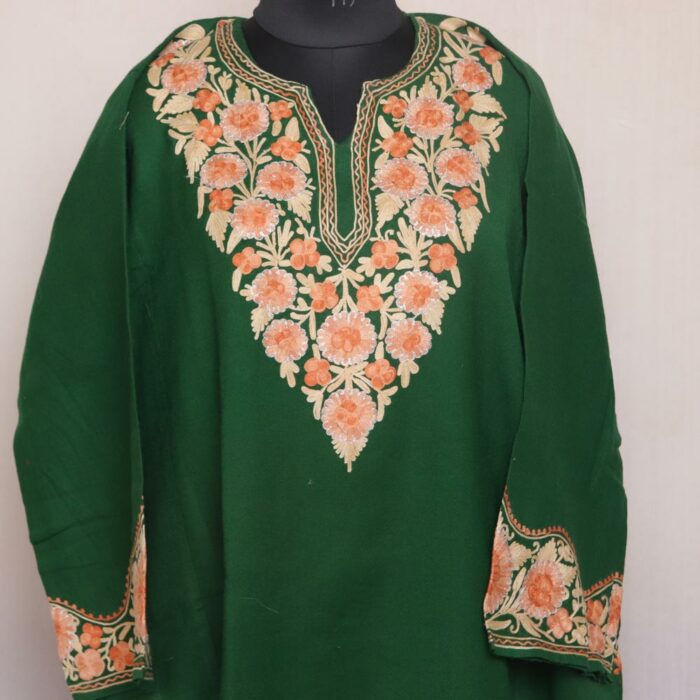 Dark Green Kashmiri Pure Wool Pheran Aari Zari work - Image 2
