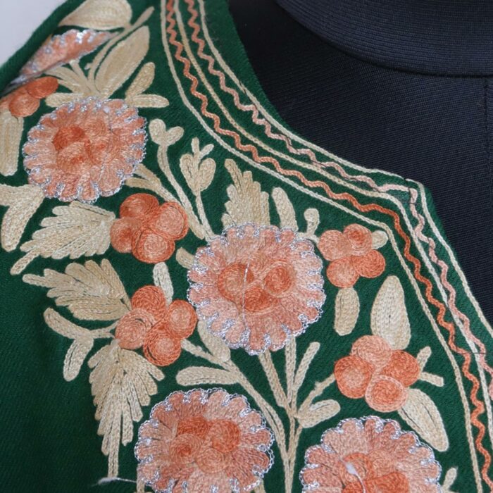 Dark Green Kashmiri Pure Wool Pheran Aari Zari work - Image 3
