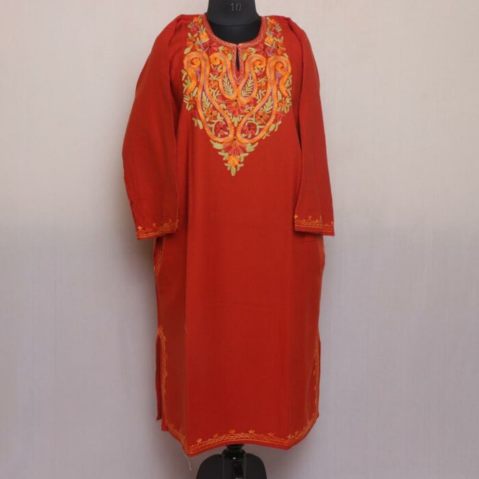 Rust Orange Kashmiri Pheran with Aari Embroidery