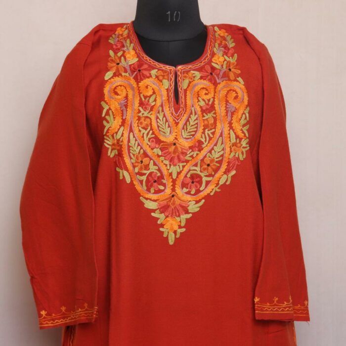 Rust Orange Kashmiri Pheran with Aari Embroidery - Image 2
