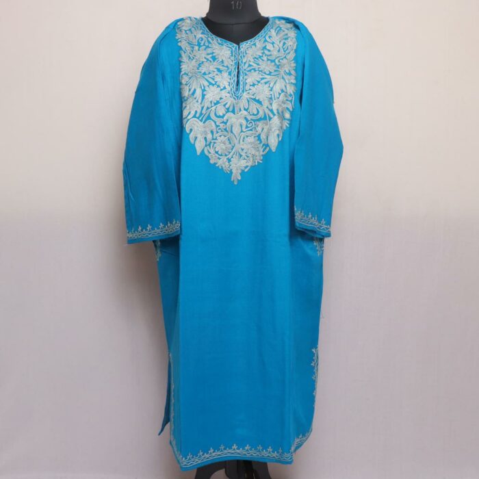 Blue Cashmilon Pheran with Aari Embroidery