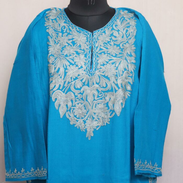 Blue Cashmilon Pheran with Aari Embroidery - Image 2