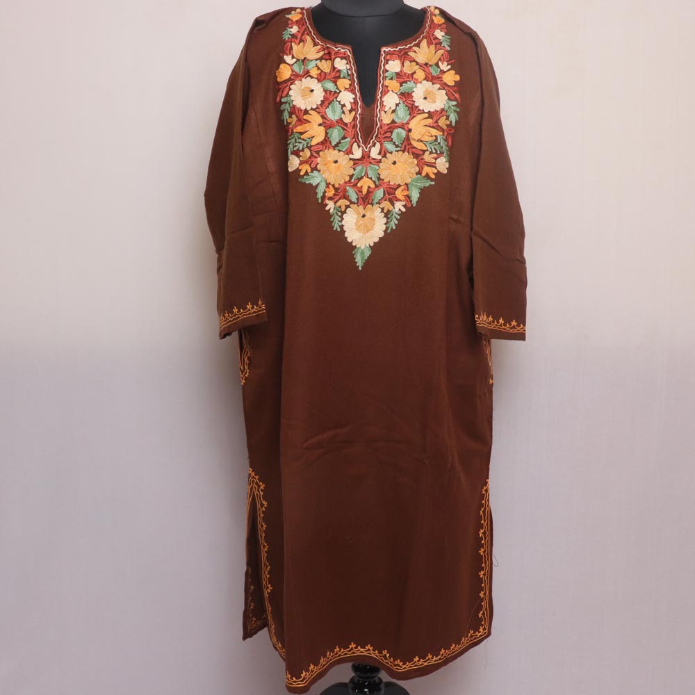 Brown - Handwoven Aari Hand Embroidered Kashmiri Pure Wool Pheran 09