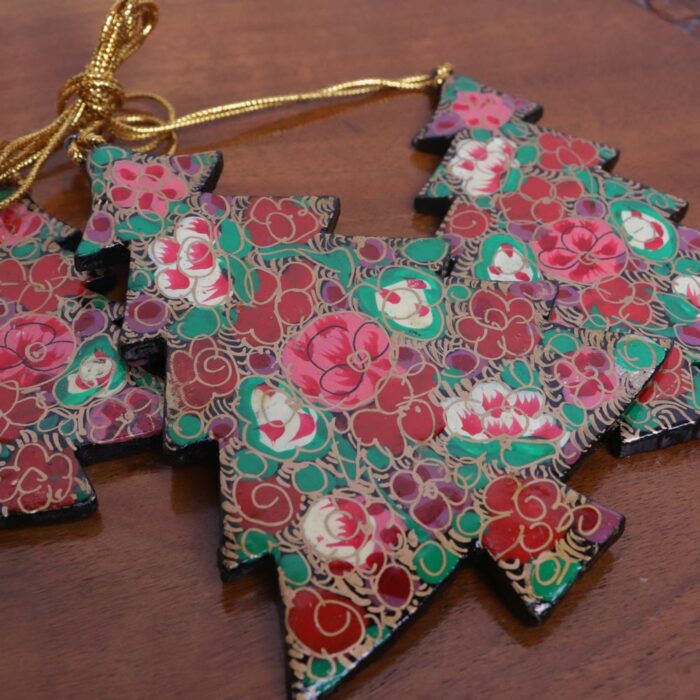 Paper Mache Set of 3 Green Christmas Trees, Ornaments Decor - Image 2