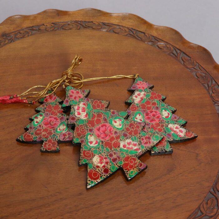 Paper Mache Set of 3 Green Christmas Trees, Ornaments Decor