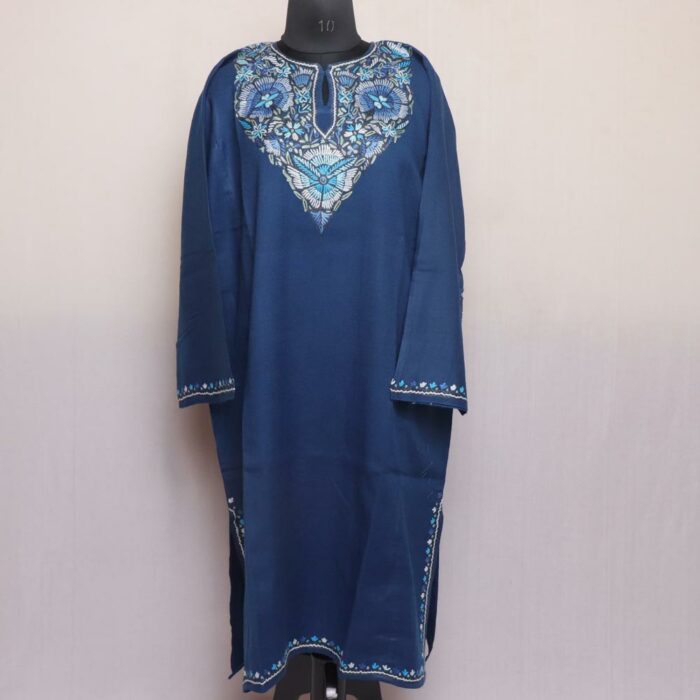 Teal Blue Aabi Aari Handwork Pure Wool Kashmiri Pheran - Image 2