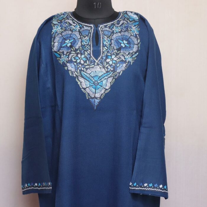 Teal Blue Aabi Aari Handwork Pure Wool Kashmiri Pheran
