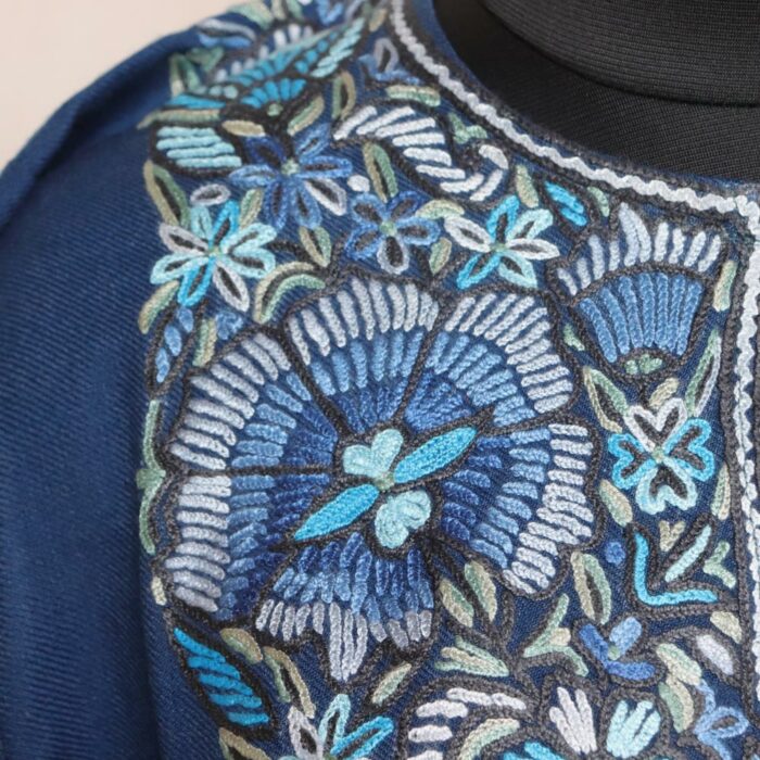 Teal Blue Aabi Aari Handwork Pure Wool Kashmiri Pheran - Image 3