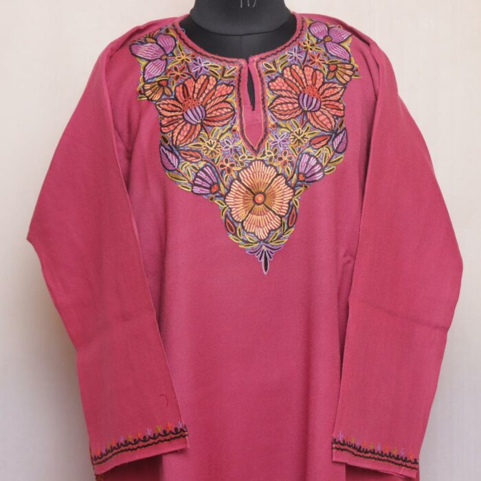 Pink Aari Handwork Pure Wool Kashmiri Pheran