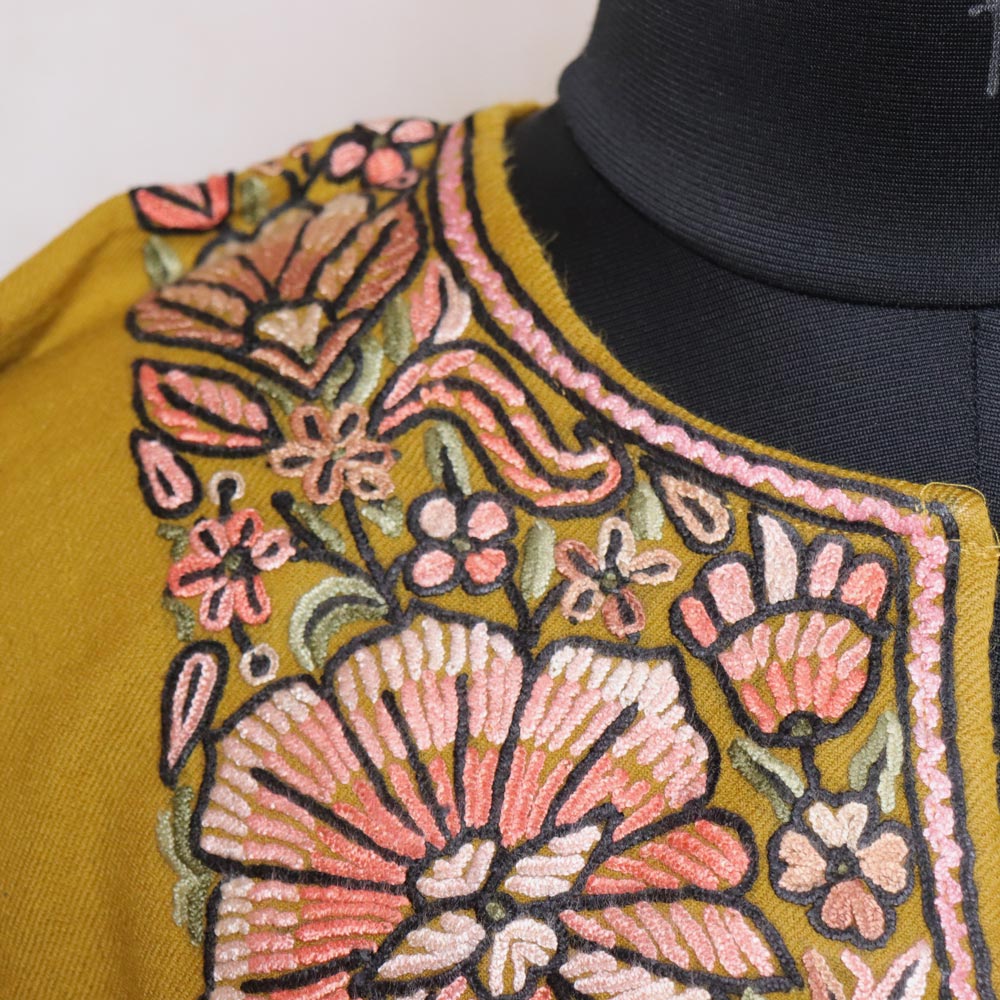 Light Mustard Aari Handwork Pure Wool Kashmiri Pheran - Gyawun
