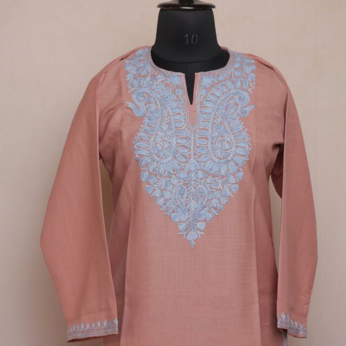 Light Peach Ruby Cotton Aari Kashmiri Co-ord Set - Image 3