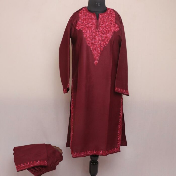 Dark Maroon Ruby Cotton Aari Kashmiri Co-ord Set