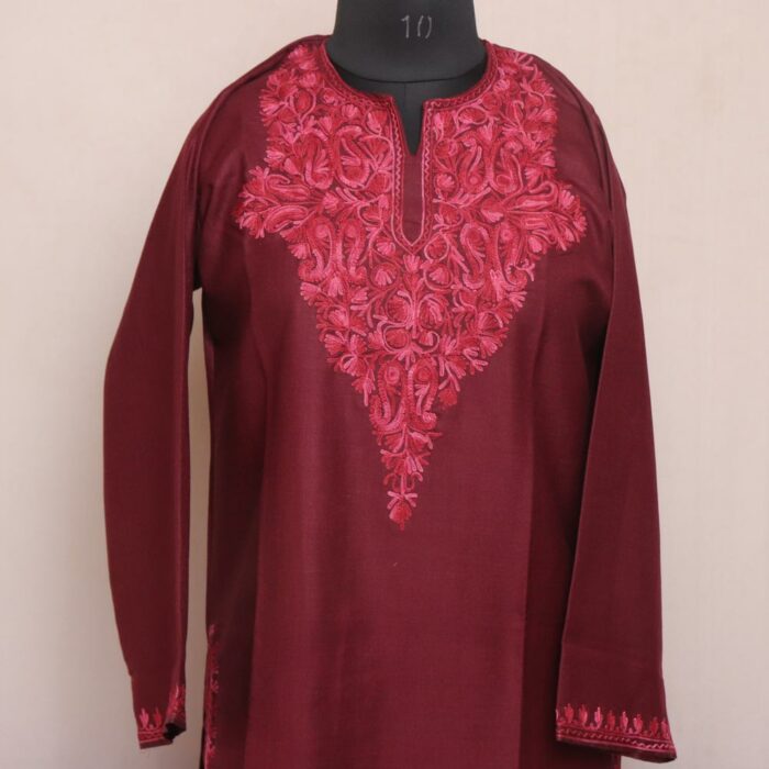 Dark Maroon Ruby Cotton Aari Kashmiri Co-ord Set - Image 3