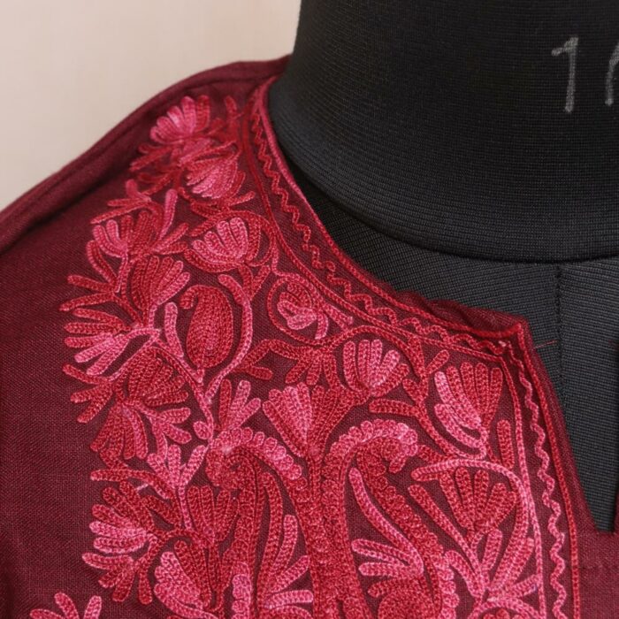 Dark Maroon Ruby Cotton Aari Kashmiri Co-ord Set - Image 2