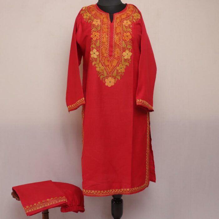 Red Ruby Cotton Aari Kashmiri Co-ord Set