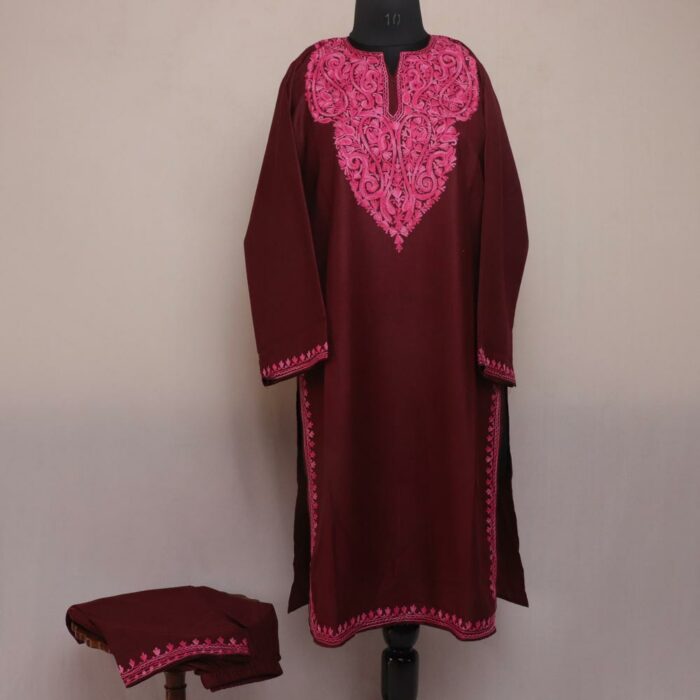 Dark Maroon Ruby Cotton Aari Kashmiri Co-ord Set