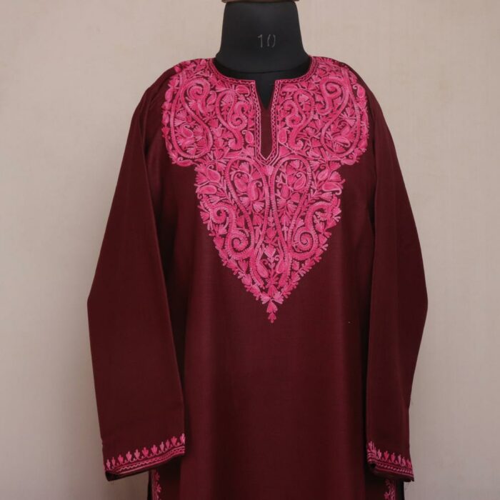 Dark Maroon Ruby Cotton Aari Kashmiri Co-ord Set - Image 2