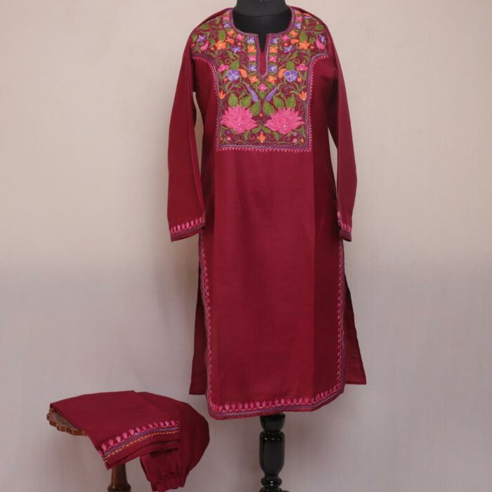 Dark Maroon Ruby Cotton Aari Kashmiri Co-ord Set