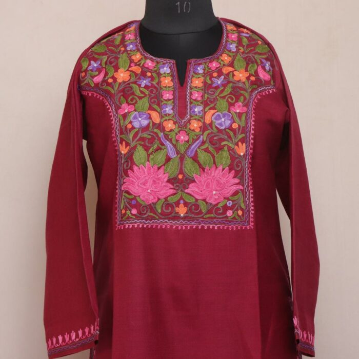 Dark Maroon Ruby Cotton Aari Kashmiri Co-ord Set - Image 2