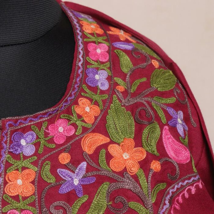 Dark Maroon Ruby Cotton Aari Kashmiri Co-ord Set - Image 3
