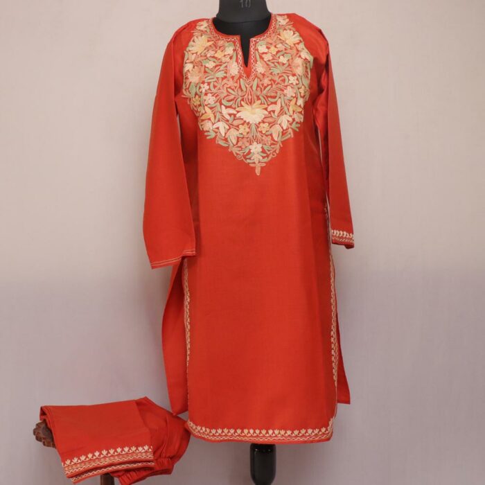 Rust Orange Ruby Cotton Aari Kashmiri Co-ord Set