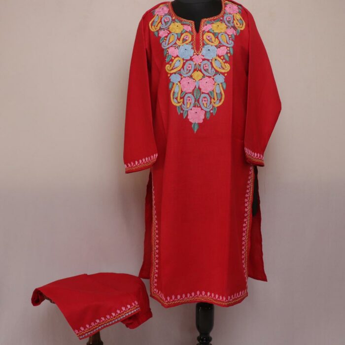 Red Ruby Cotton Aari Kashmiri Co-ord Set