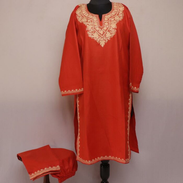 Orange Ruby Cotton Aari Kashmiri Co-ord Set