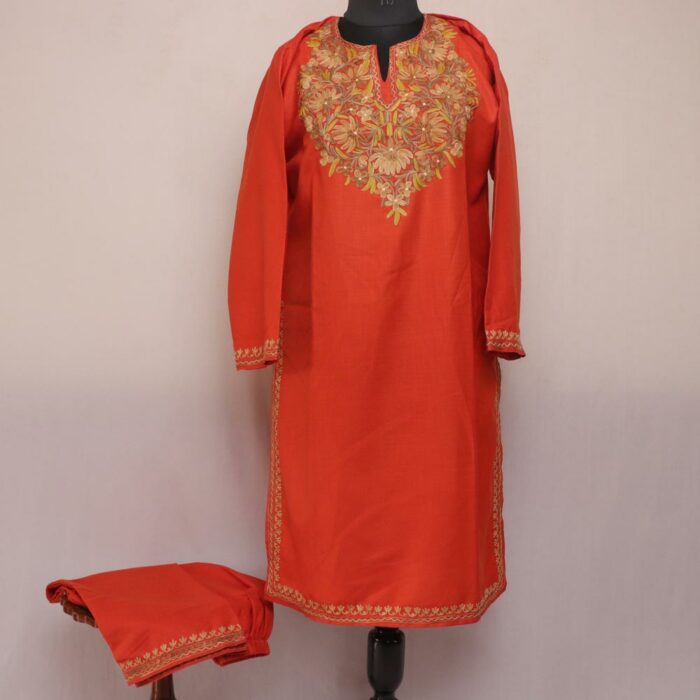 Orange Ruby Cotton Aari Kashmiri Co-ord Set