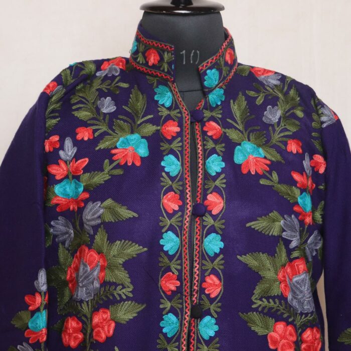 Dark Blue Bodh Posh Aari Cashmilon Kashmiri Jacket - Image 3