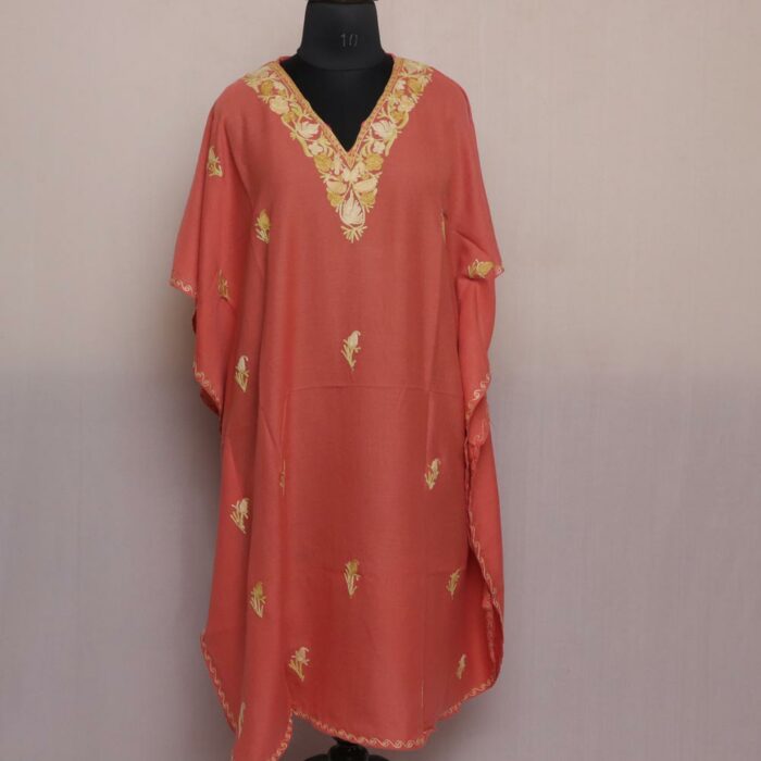 Peach Pink Kashmiri Kaftan with Aari Embroidery