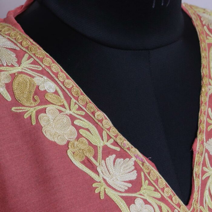 Peach Pink Kashmiri Kaftan with Aari Embroidery - Image 3