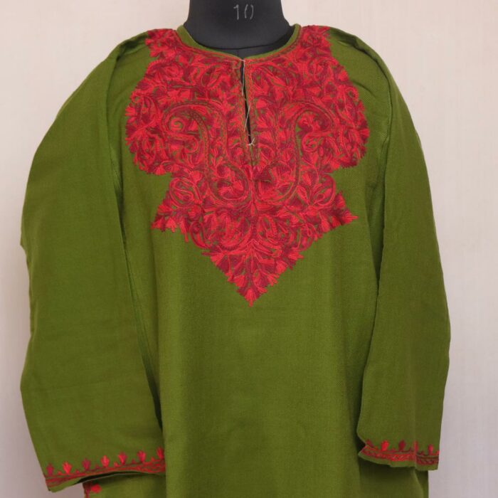 Green Cashmilon Kashmiri Pheran with Aari Work