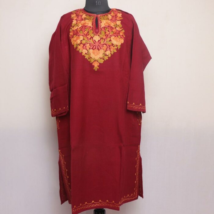Maroon Floral Kashmiri Pheran with Aari Work