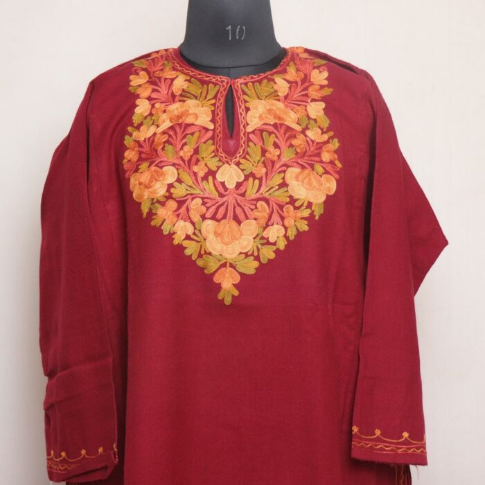 Maroon Floral Kashmiri Pheran with Aari Work - Image 2